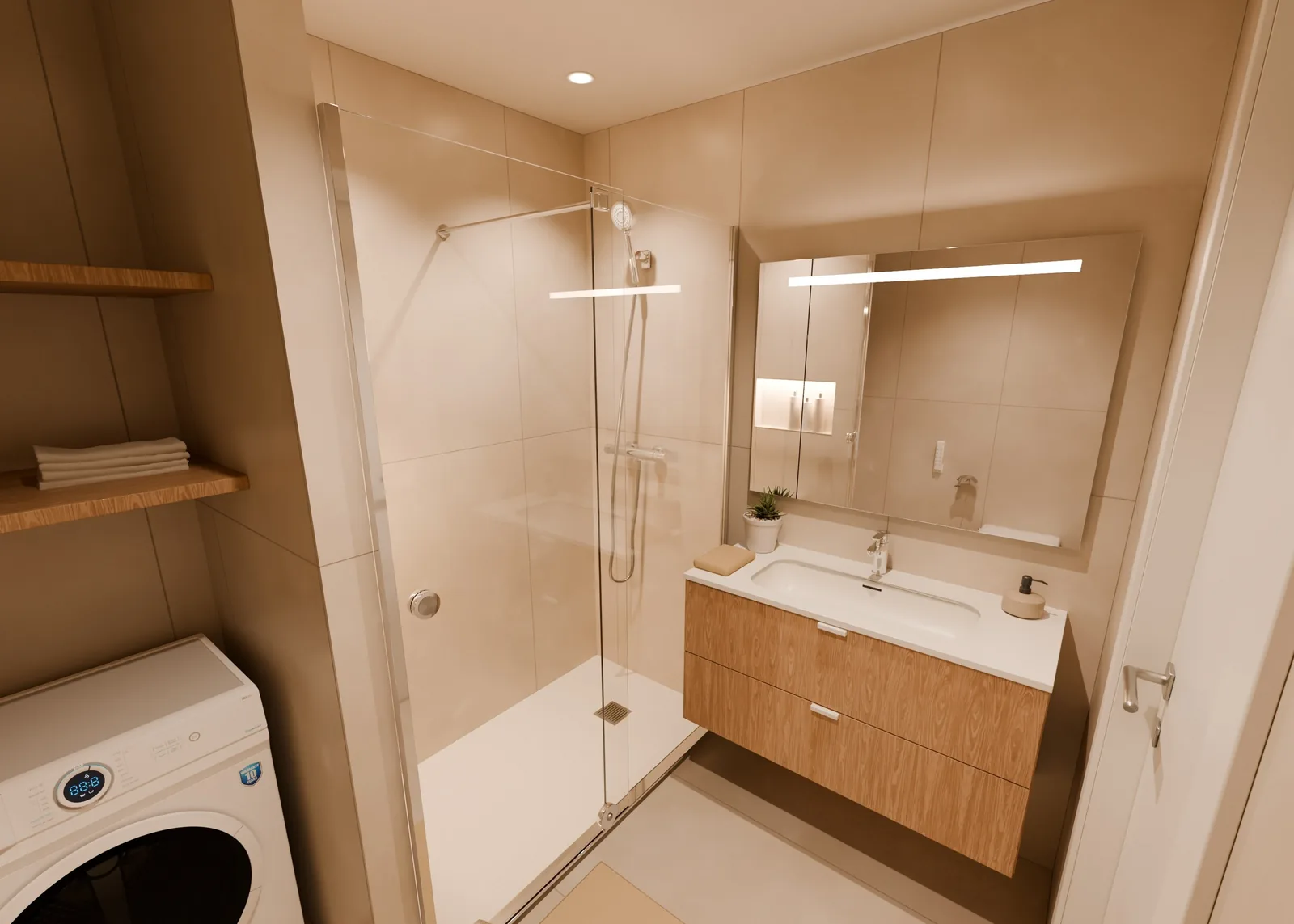 Render 3D del baño: ducha con mampara de vidrio y mueble de lavabo suspendido de madera