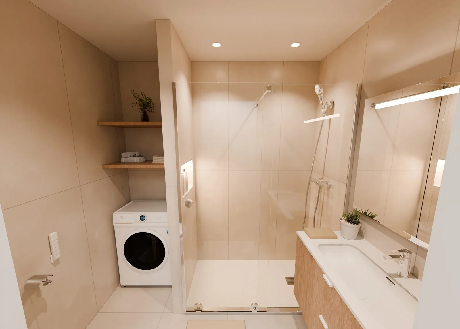 Render 3D de un baño compacto visto desde la puerta: ducha con mampara, lavadora con baldas y mueble de lavabo