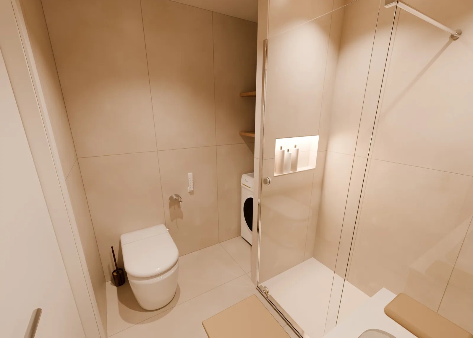 Render 3D del baño: inodoro, hornacina iluminada en la ducha y hueco de la lavadora