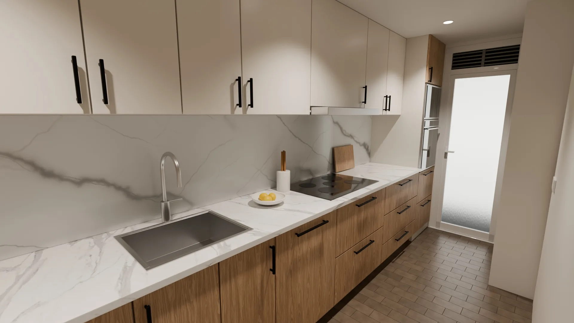 Render 3D de la cocina, opción A: muebles de roble y blancos con tiradores negros