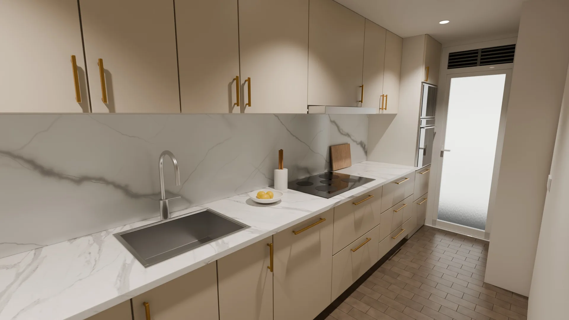 Render 3D de la misma cocina, opción B: muebles en tono cachemir con tiradores dorados