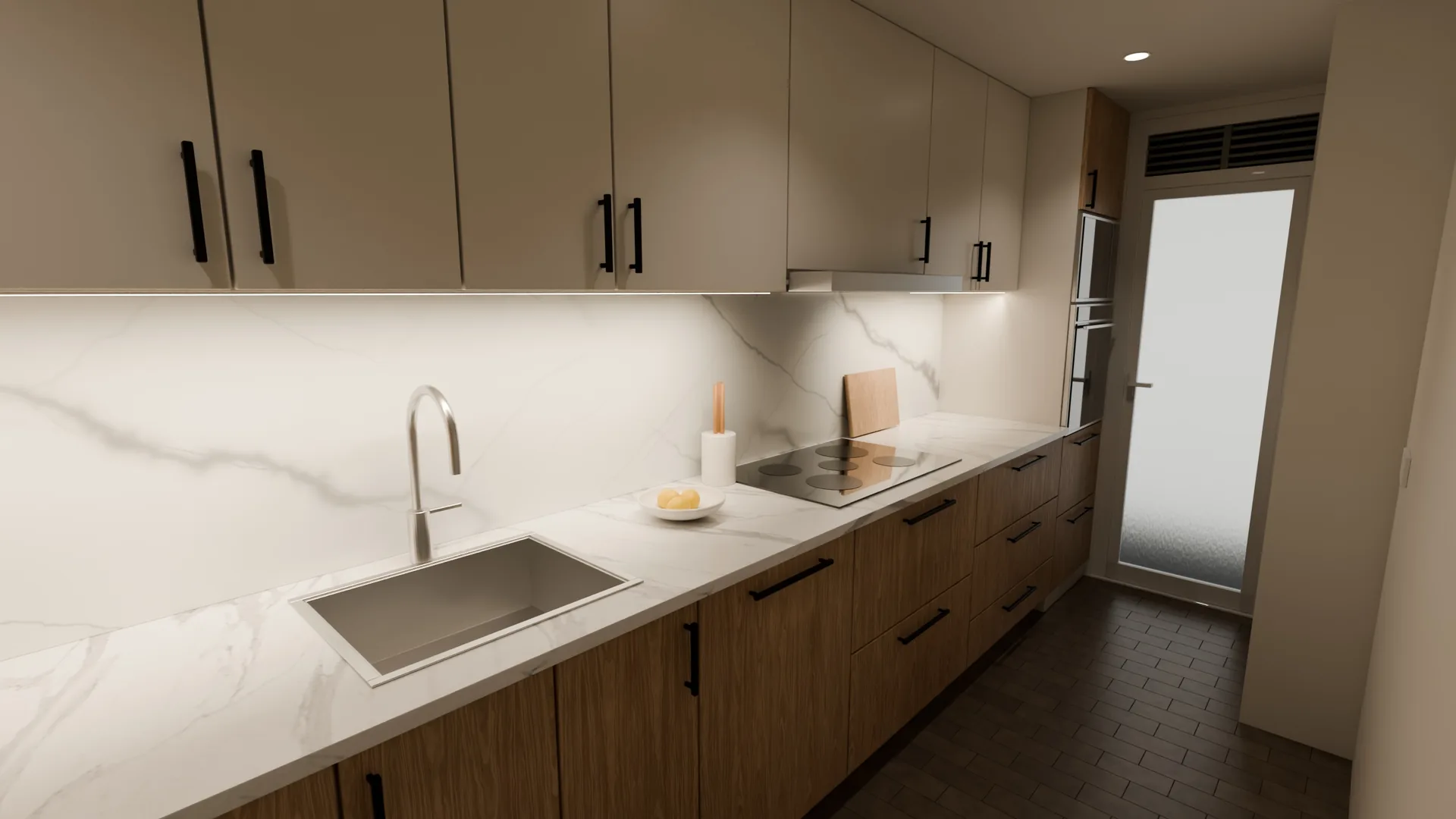 Render 3D de la misma cocina, opción C: tira LED bajo los muebles altos