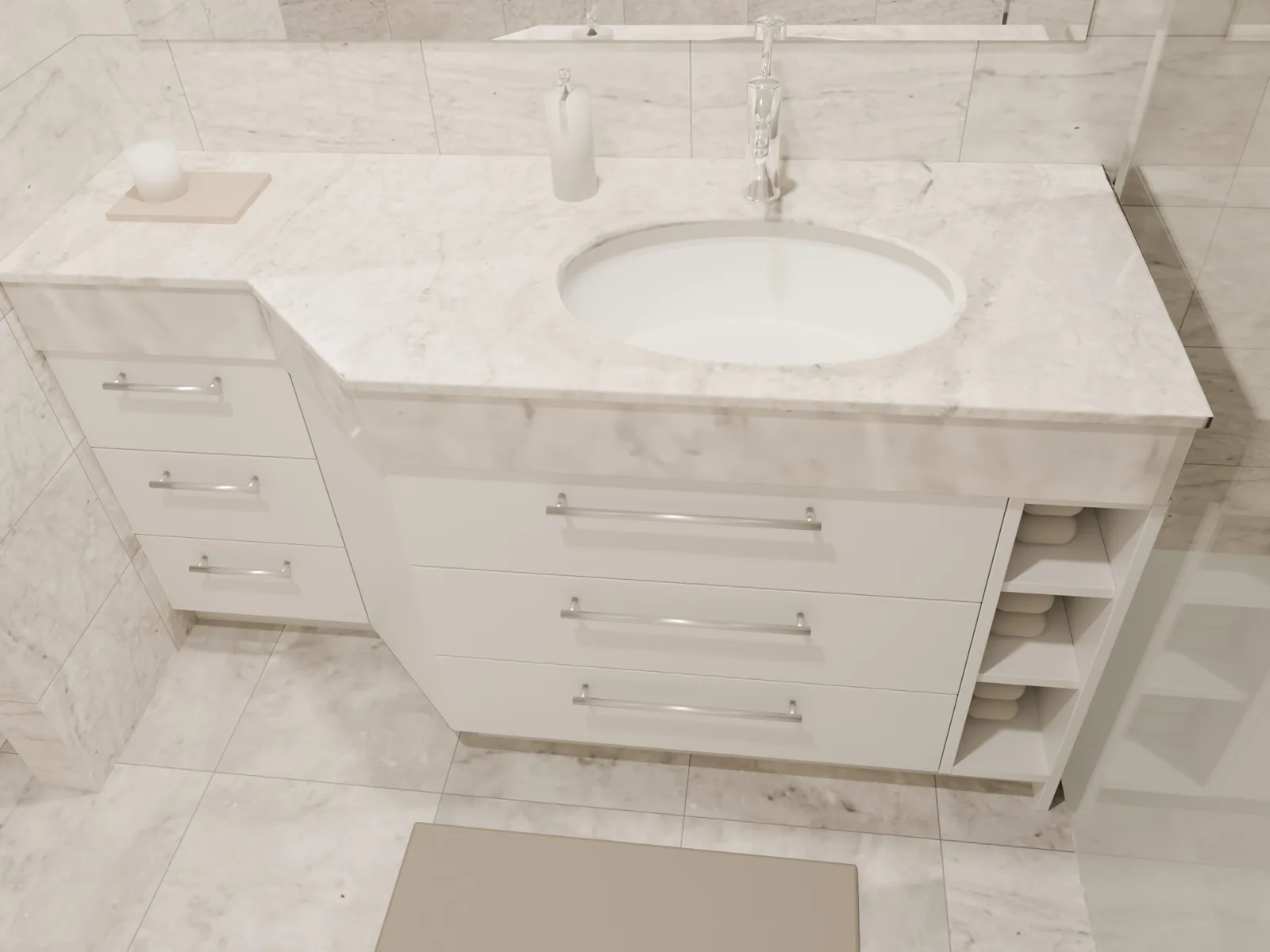 Render 3D del mueble blanco a medida bajo la misma encimera, opción A con hueco abierto para toallas