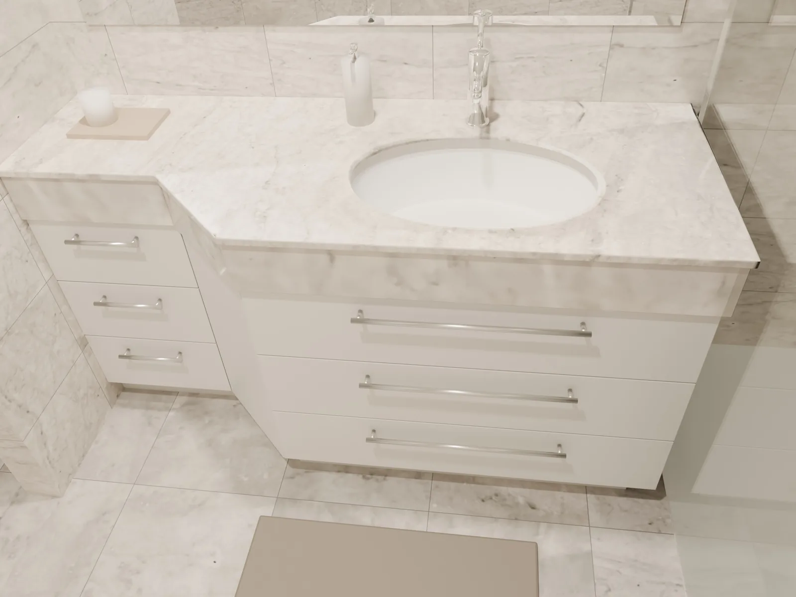 Render 3D del mueble blanco a medida bajo la misma encimera, opción B con todo cajones