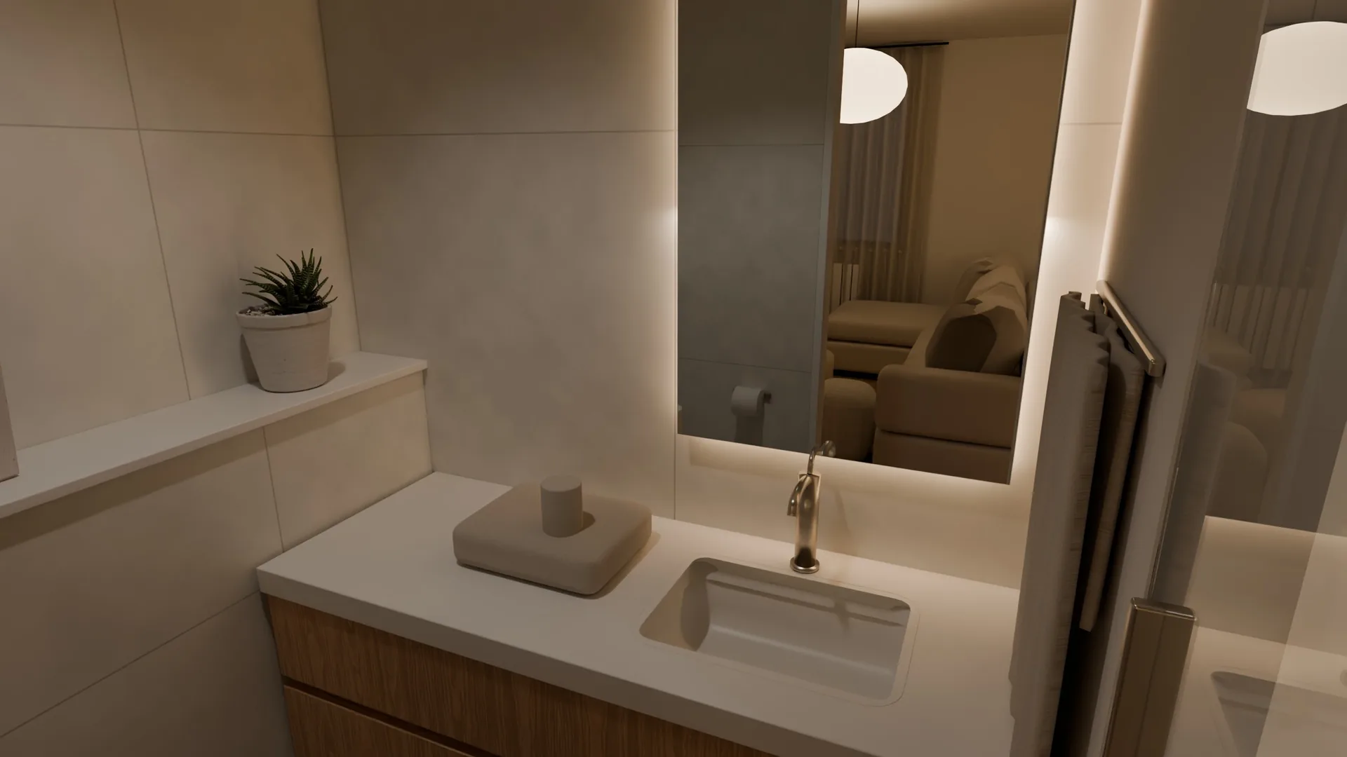 Render 3D del baño: lavabo sobre mueble de madera, espejo retroiluminado y ducha
