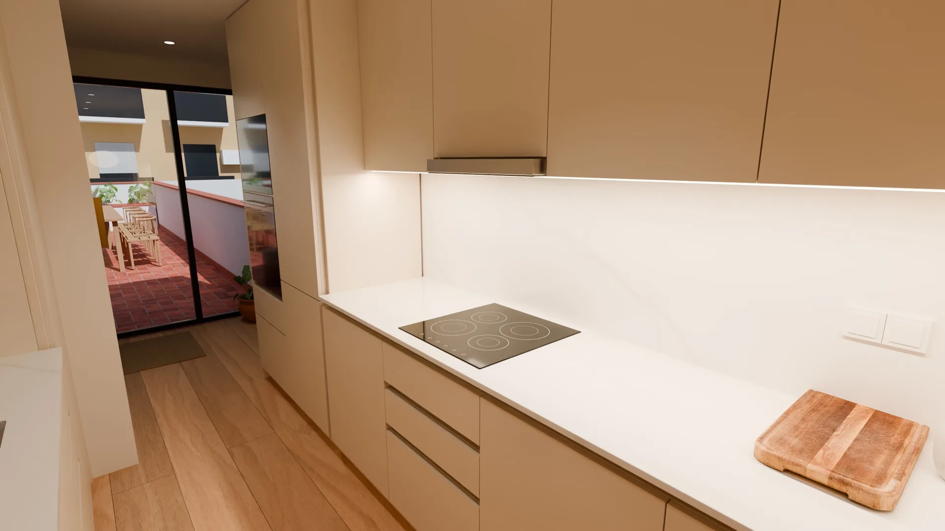 Render 3D de la cocina: muebles claros sin tiradores, placa de inducción, frontal de piedra y la terraza al fondo