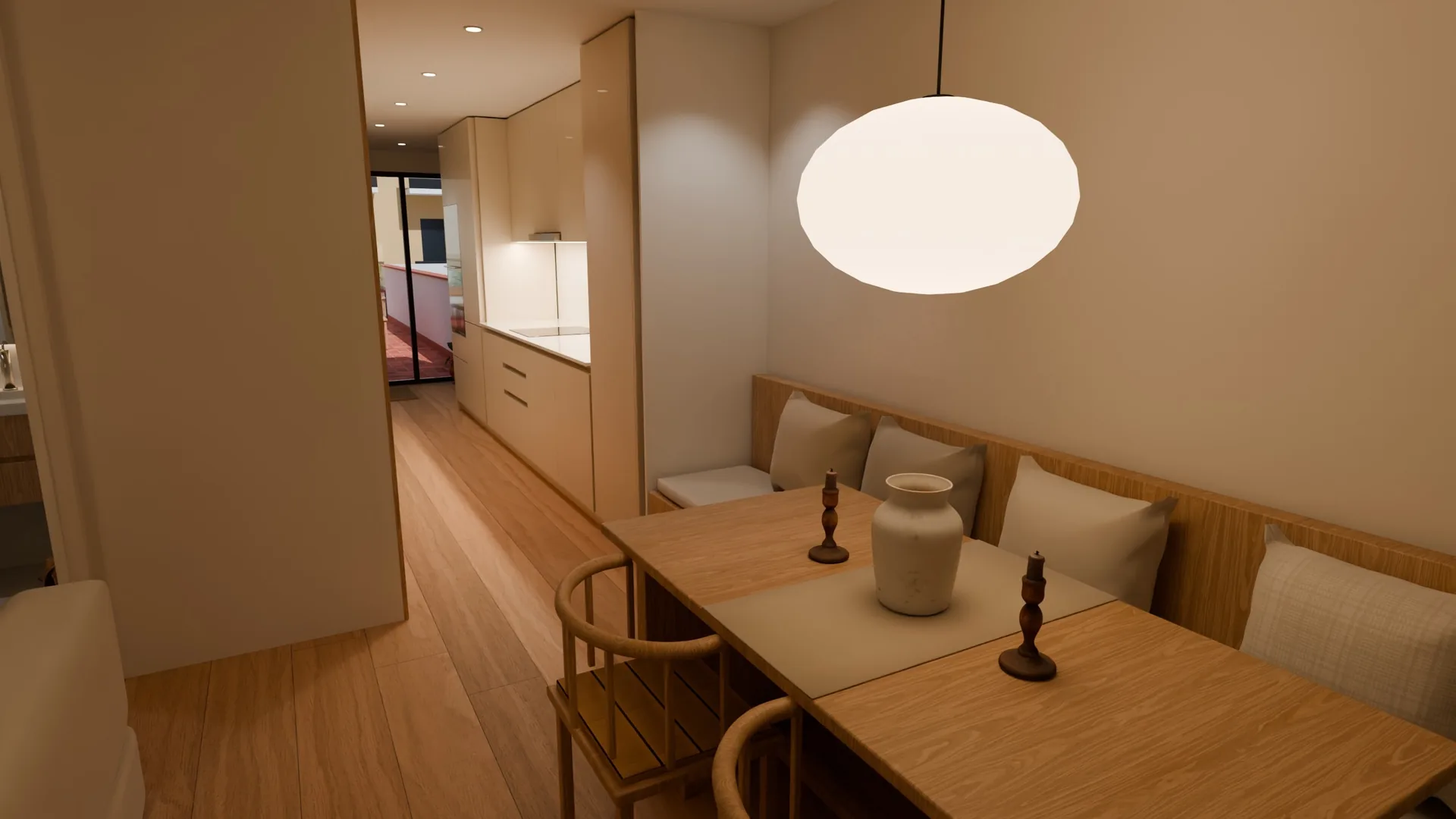 Render 3D de una vivienda reformada: comedor con banco corrido y mesa de roble, y la cocina al fondo