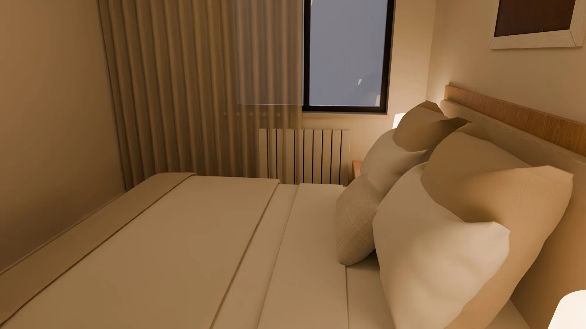Render 3D del dormitorio: cama con cabecero de madera, cojines claros y cortinas de lino