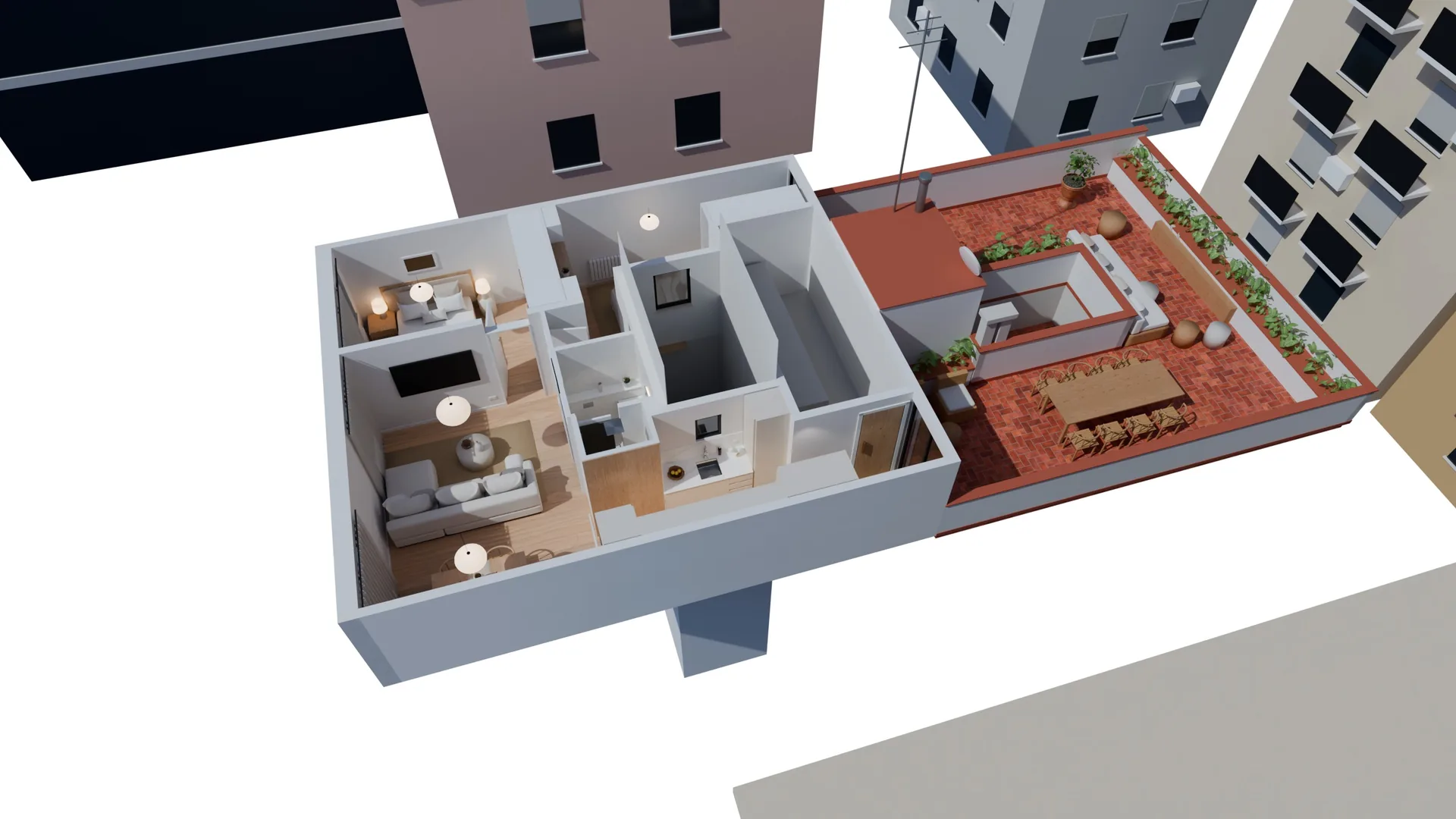 Maqueta 3D de una vivienda completa vista desde arriba, con la nueva distribución y la terraza