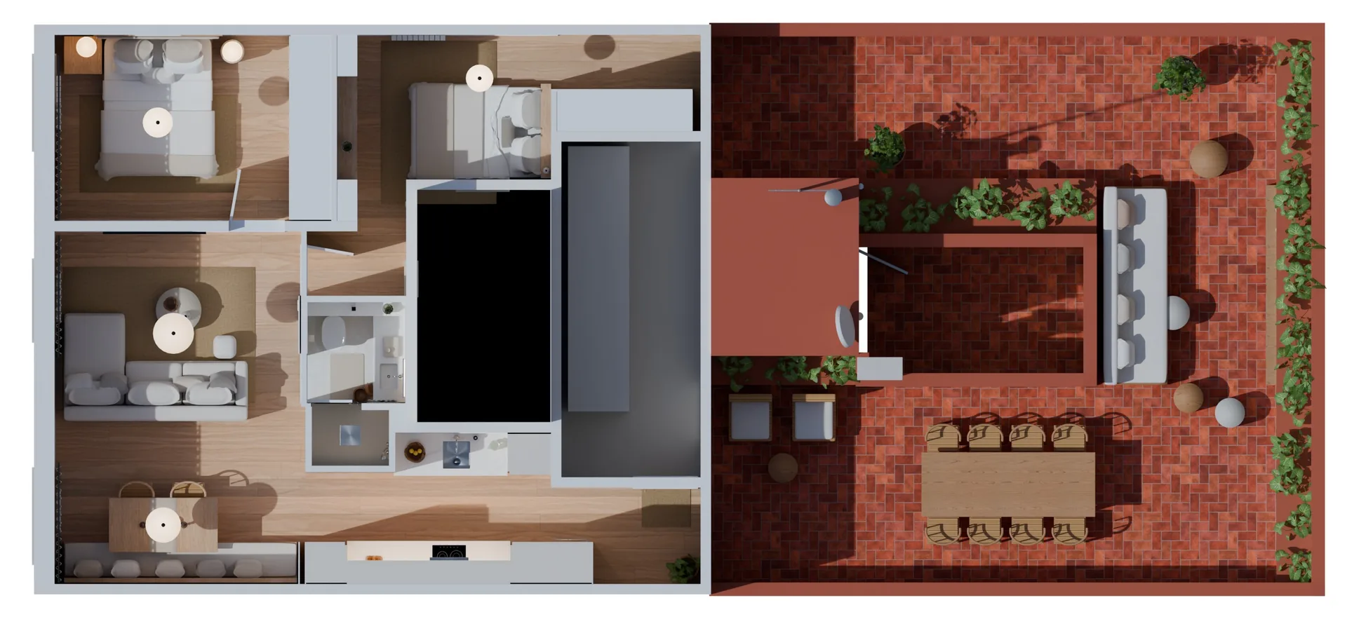 Planta 3D amueblada de la vivienda, con las habitaciones, el baño, la cocina y la terraza