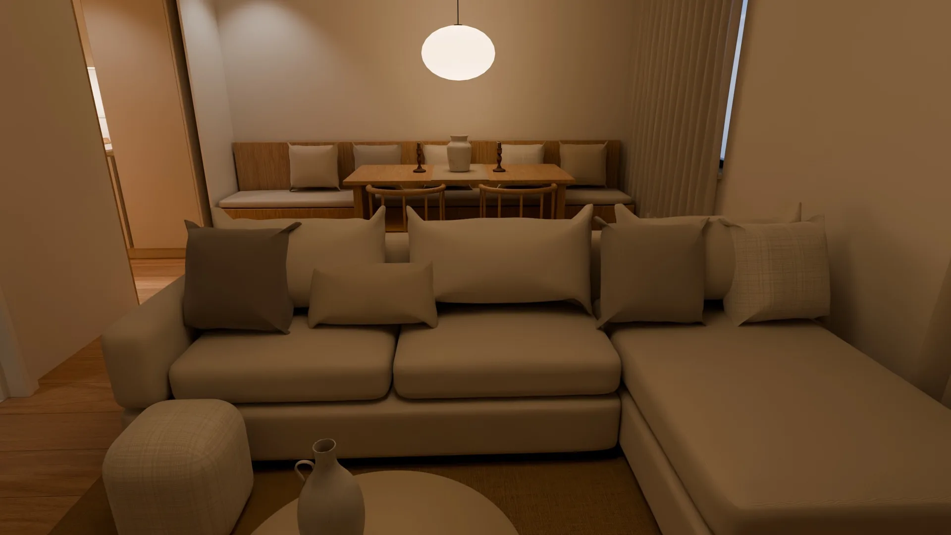 Render 3D del salón: sofá rinconera claro y, al fondo, el comedor con banco corrido