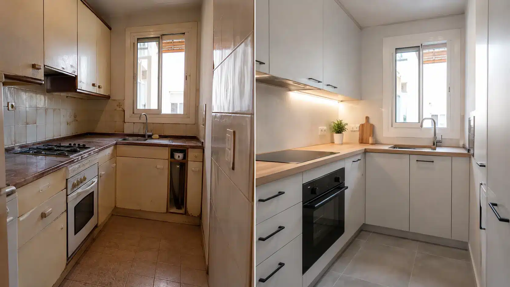 antes y después de reforma de cocina pequeña en Barcelona