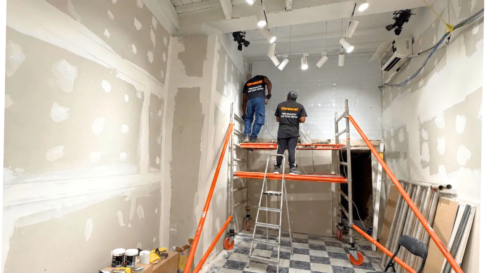 Sala amb columnes de mosaic i terra hidrĂ ulic rehabilitada a Barcelona